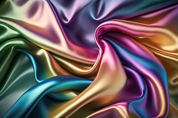 Rainbow iridescent abstract shiny plastic silk or satin wavy background. Generative AI.