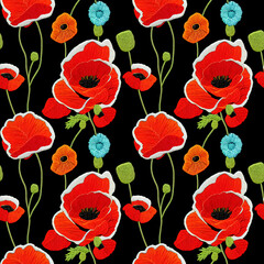 Embroidery poppies seamless pattern. Vintage style flower repeating fabric background. Generative AI