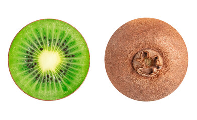 Set - kiwi on an isolated white background. Whole and sliced kiwi