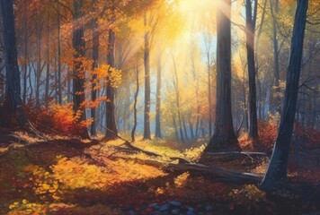 autumn forest scene with sunlight in the forest Generative Ai