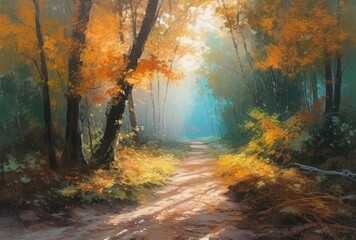 autumn forest scene with sunlight in the forest Generative Ai