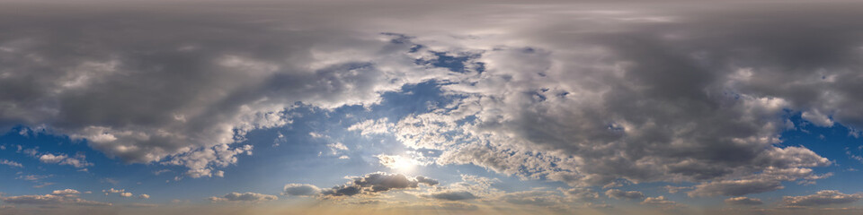 sunset skydome with evening clouds as seamless hdri 360 panorama view with zenith in spherical equirectangular format for use in 3d graphics or game development as skybox or edit drone shot