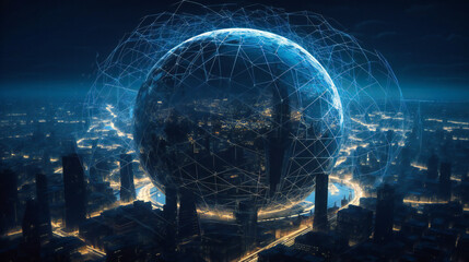 Round Globe Featuring Digital Skyline and City with Centered Wires