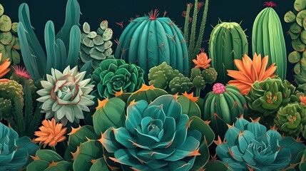 Succulent plant pattern background. Decorative cactus and home flowers. Generative Ai
