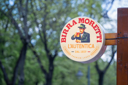 Bucharest, Romania - April 2023: Close up with a sign board with the italian brewing company Birra Moretti .