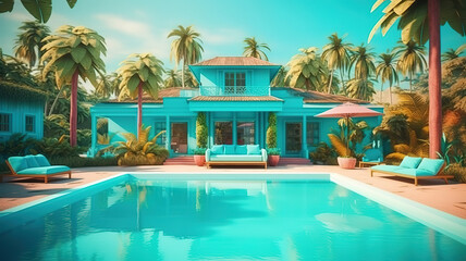 Fototapeta na wymiar Luxury tropical resort or private villa with turquoise pool, sunbeds, umbrellas. Generative Ai