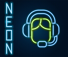 Glowing neon line Woman with a headset icon isolated on black background. Support operator in touch. Concept for call center, client support service. Colorful outline concept. Vector