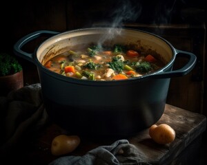 chunky vegetable soup in a rustic pot on a stove