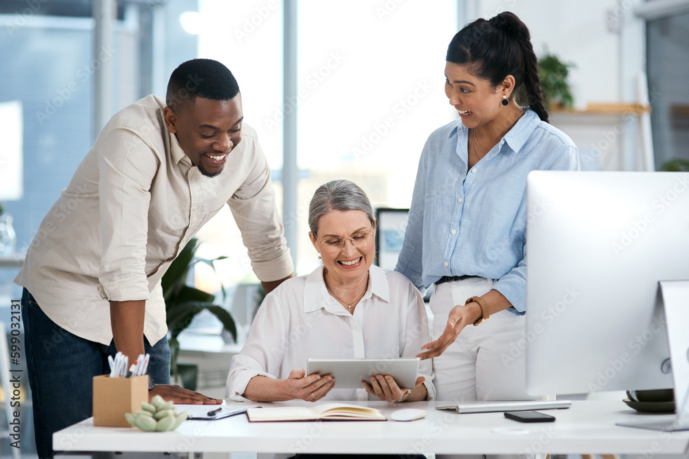Poster behind every great business is a team doing big things. a group of businesspeople using a digital ta