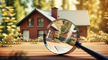 Fototapeta na wymiar A magnifying glass spreads over an image of a house for sale in a newspaper
