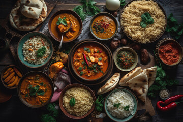 Fototapeta na wymiar Assorted various Indian food on a dark rustic background. Generative AI.