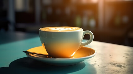 A cup of cappuccino coffee on a table in a cafe. Generative Ai