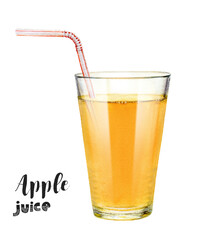Watercolor apple juice in a glass with a straw isolated on white background. Hand-drawn painting.