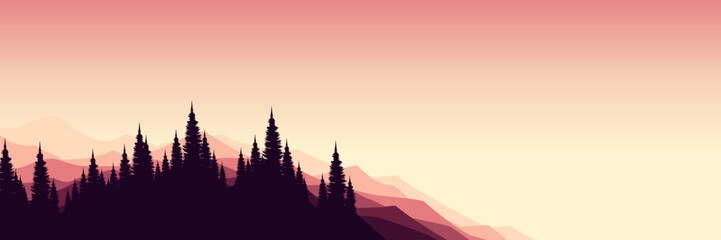 sunrise sky rocky mountain with forest silhouette flat design vector illustration good for web banner, ads banner, tourism banner, wallpaper, background template, and adventure design backdrop