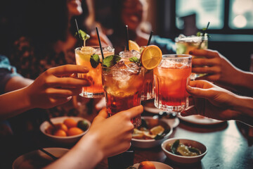 Close up of friends group cheering mojito drinks at bar restaurant. Generative AI. - obrazy, fototapety, plakaty
