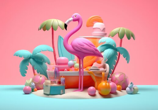 3d flamingo with beach accessories and sunscreen on the water. Generative AI