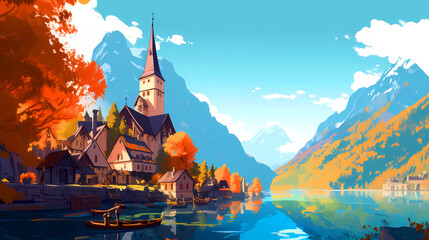 Illustration of beautiful view of Hallstatt, Austria