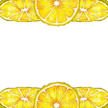 Watercolor frame lemon slice. Hand drawn botanical illustration of yellow citrus fruits isolated on white background. Clipart objects for design and decoration, package, cards