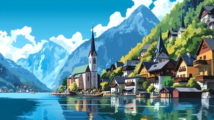  Illustration of beautiful view of Hallstatt, Austria © proslgn