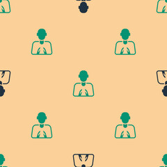 Green and black Hands in praying position icon isolated seamless pattern on beige background. Prayer to god with faith and hope. Vector