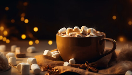 Obraz na płótnie Canvas Hot chocolate with marshmallows on wooden table generated by AI