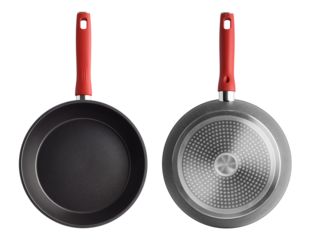 Frying pan with a red handle on a transparent background. Front side and back side. isolated object. top view element for design
