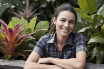 Portrait of the smiling happy young woman horticulturist gardener working in a garden center at early morning. Concept of ecological environment. Generative AI