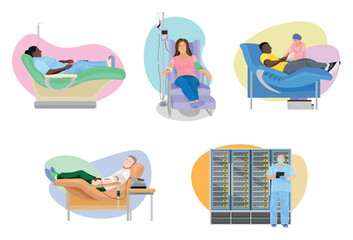 Set of people donating blood in hospital