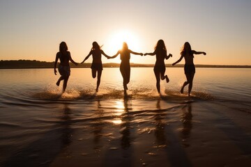 Young group of people jumping into the air at beach. Generative AI