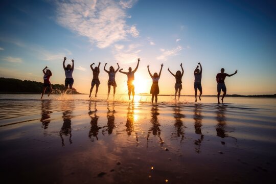 Young Group Of People Jumping Into The Air At Beach. Generative AI