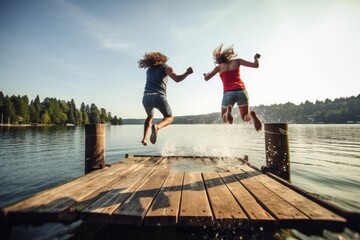 Young couple jumping from dock into the water. Generative AI