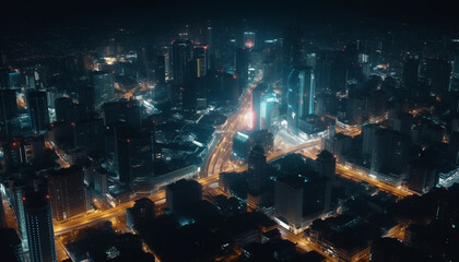 Obraz premium Glowing skyscrapers illuminate the modern city nightlife generated by AI