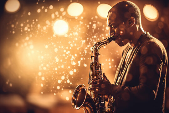 African American jazz saxophonist in a shiny sparkling jacket, performing on a stage illuminated by concert colored lights, created with Generative AI