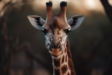 giraffe looking at the camera, beautiful background, savannah background, ai generated.