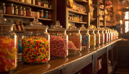 Abundance of sweet food in multi colored jars generated by AI