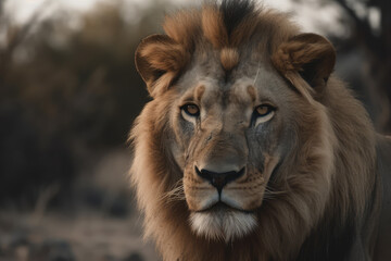 Fototapeta na wymiar lion looking at the camera, beautiful background, savannah background, ai generated.