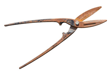 Rusty scissors for cutting metal on a transparent background. Old tool. Isolated object. Element for design.