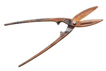 Rusty scissors for cutting metal on a transparent background. Old tool. Isolated object. Element for design.