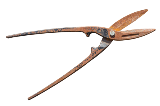 Rusty scissors for cutting metal on a transparent background. Old tool. Isolated object. Element for design.