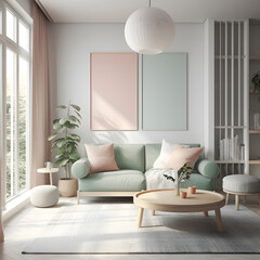 Fototapeta na wymiar Modern minimalist living room interior, soft pastel aesthetic living room ,generative a