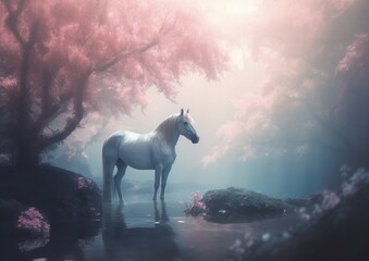 Obraz na płótnie Canvas White Horse in Dreamy Forest like fairy tale environment . Generative AI.