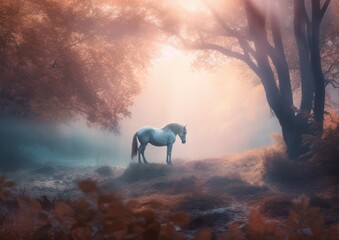White Horse in Dreamy Forest like fairy tale environment
. Generative AI.