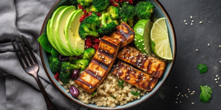  Vegan buddha bowl lunch with grilled tofu, quinoa, spinach and avocado. Generative AI.