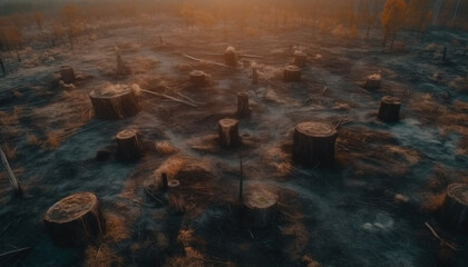 Burning bonfire illuminates wet forest at night generated by AI