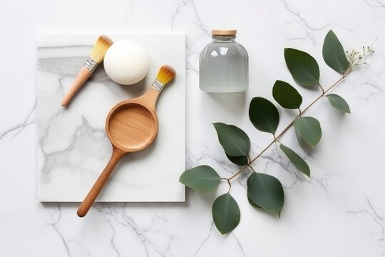 Eucalyptus oil, brush and bottle of natural oils on white background design. Generative AI