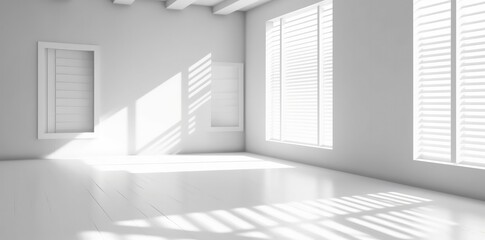 Fototapeta premium Shadows of a white window in an empty room. Minimalist background. Generative AI
