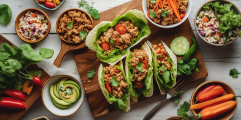 Obraz na płótnie Canvas Healthy lunch table scene with nutritious lettuce wraps, Buddha bowl, vegetables and salad. Generative AI.