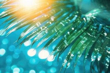 Summer tropical beach background with palm leaves, sparkling water reflections. Generative AI