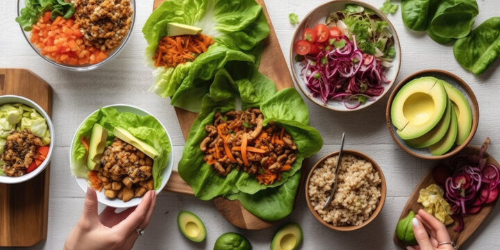 Healthy lunch table scene with nutritious lettuce wraps, Buddha bowl, vegetables and salad. Generative AI.