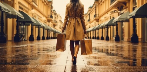 Woman with shopping bags walking on street. Generative AI